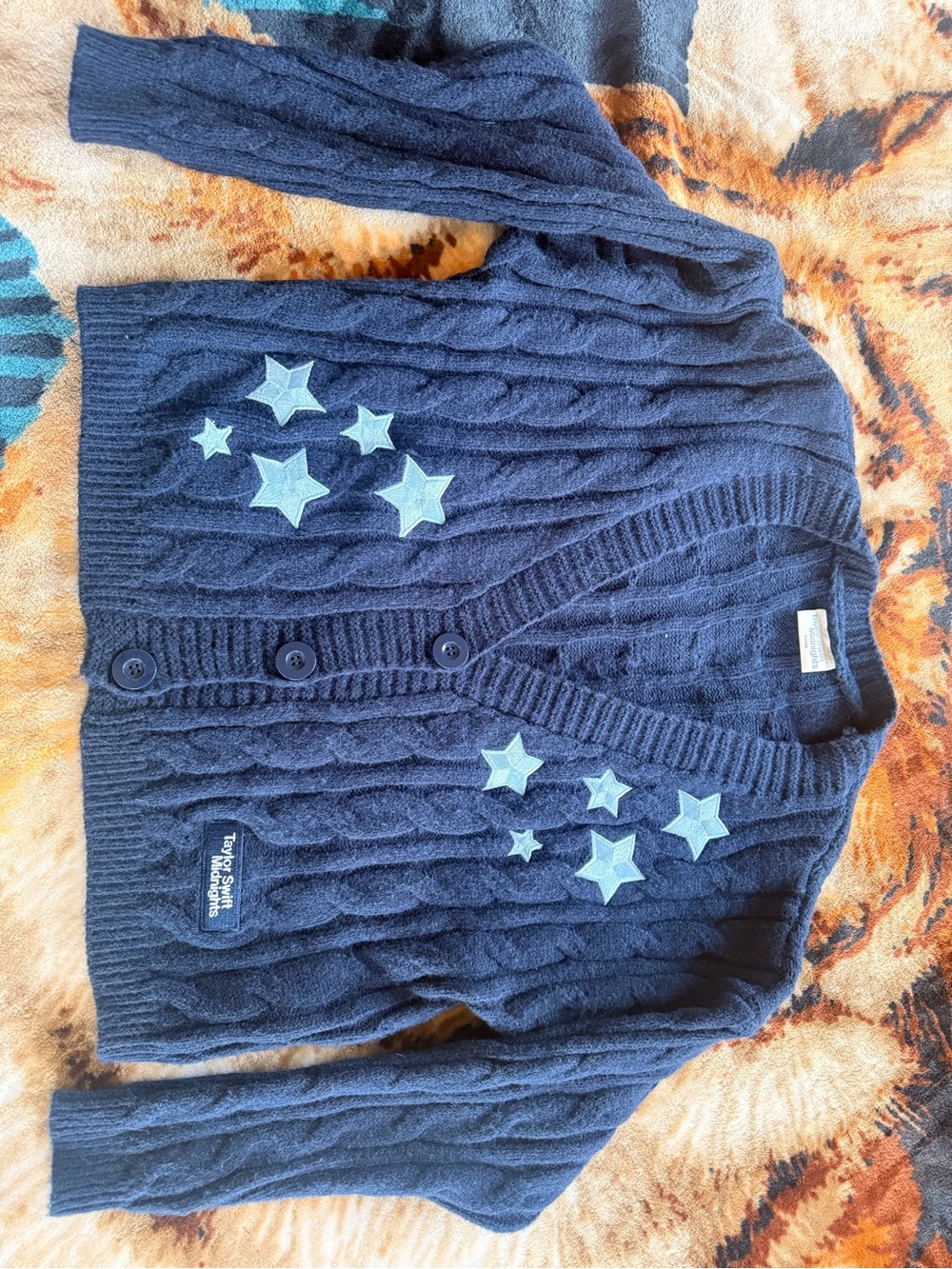 Taylor Swift Navy Blue Cable Knit Cardigan with Light Blue Star Appliqués
